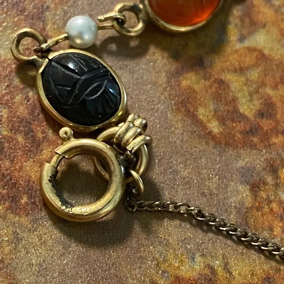 Vintage 12K Gold Filled Multi Stone Scarab Beetle Link Bracelet Artisan Handmade - Picture 5 of 5